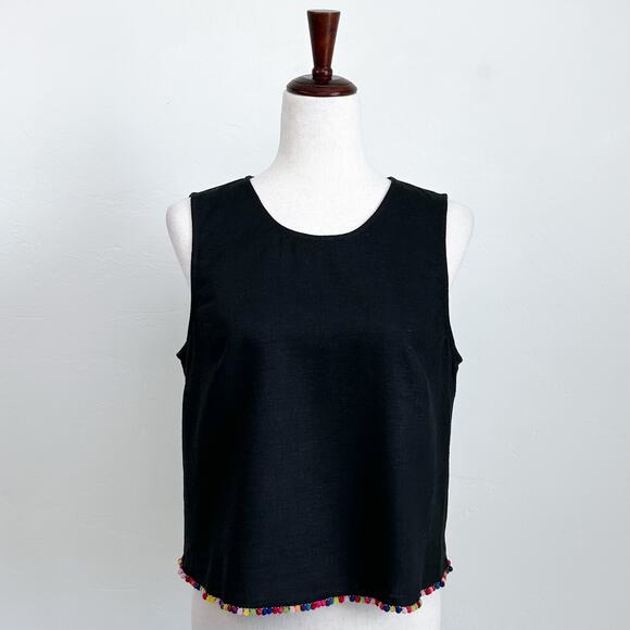 BCBGeneration Black Linen Blend Pompom Trim Sleeveless Top NWT - Picture 2 of 10
